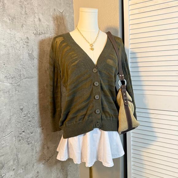 Green New York & Company animal print button up cardigan - Picture 2 of 6